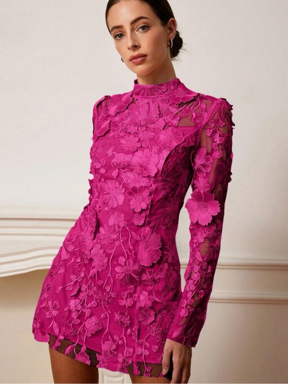 Fuchsia Floral Heavy Embroidery Mesh Long-Sleeve Mini Dress - size 2